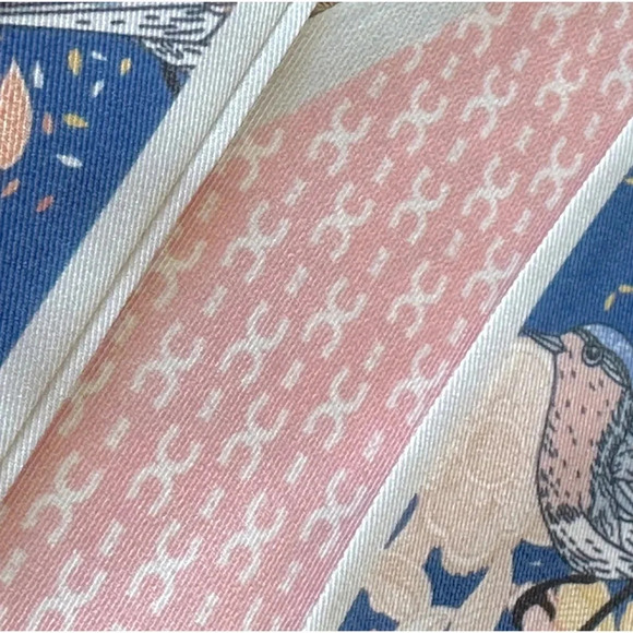 Reversible Blue & Pink Bird & Flower Print Twilly Narrow Tie Scarf - Picture 4 of 4